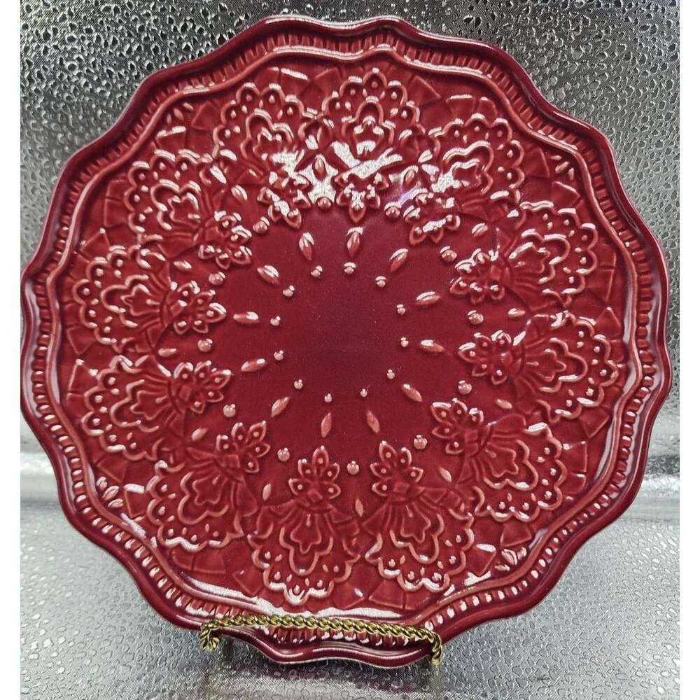 Pioneer Woman ~ Red ~ FARMHOUSE LACE Stoneware Salad Plates (Set of 3) READ!!